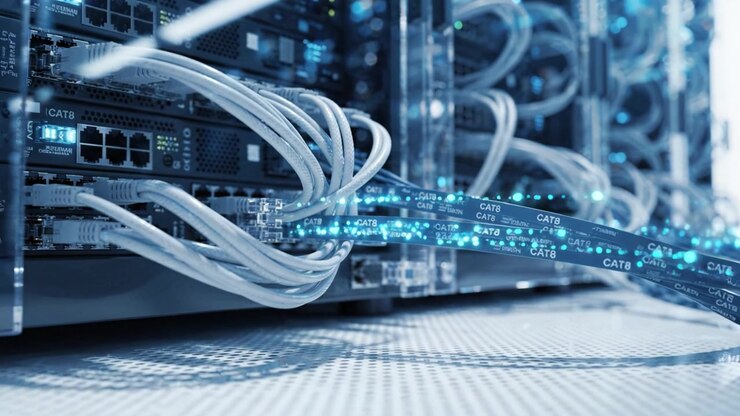 Advanced Data Center Connectivity: High-Speed Network Cables and Server Racks Showcasing Modern IT Infrastructure and Digital Communication Technology