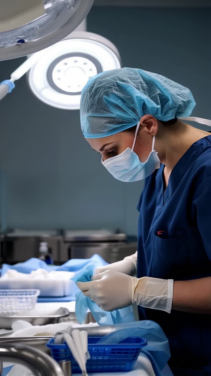 A woman in a blue lab coat and mask is cleaning a medical device, in a hospital or medical room.
