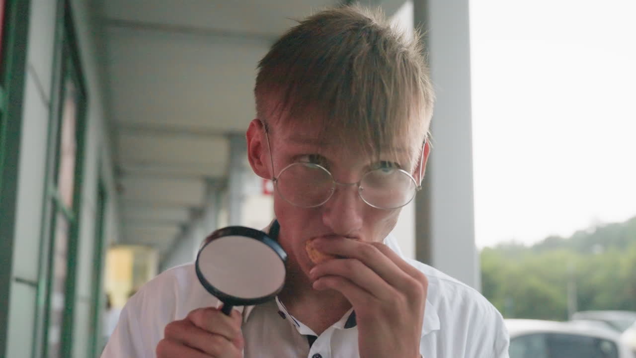 Botany student in white coat and glasses carefully examining pastry through magnifying glass during outdoor research, showing focus, curiosity, and dedication to scientific observation
