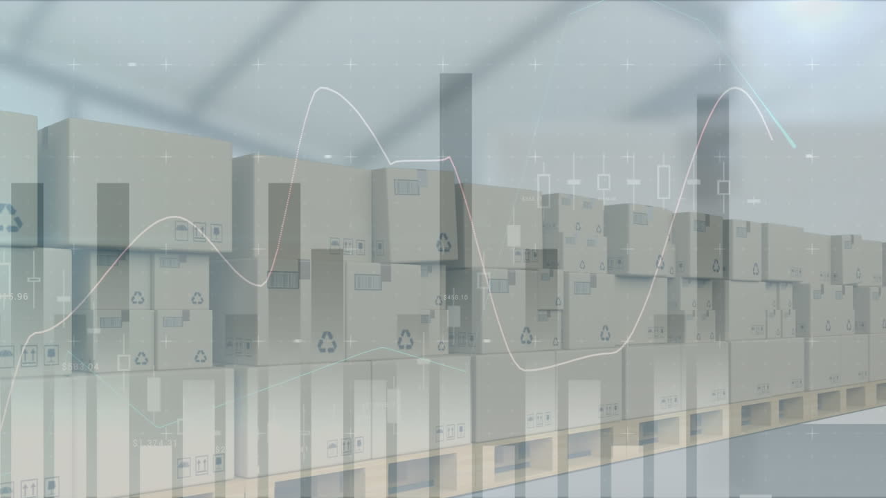 창고의 컨베이어 벨트에 있는 상자 위에서 금융 데이터 처리의 애니메이션
