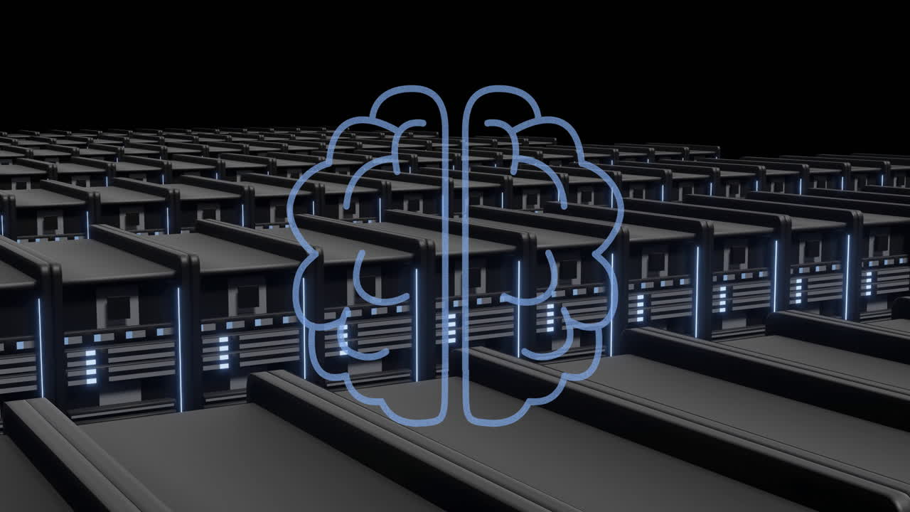 Animation of ai digital data processing and brain over computer servers