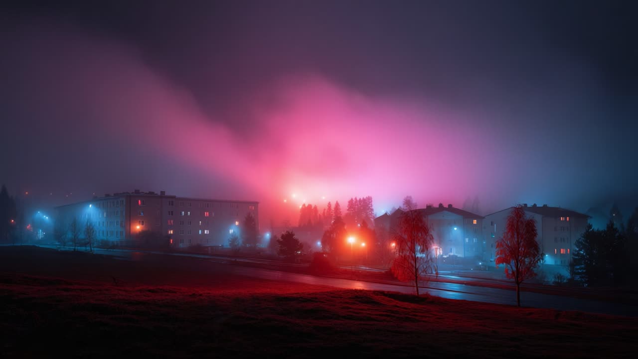 Mystical Nightscape: A Dreamlike Scene of Colorful Fog and Illuminated Buildings in a Serene Urban Environment
