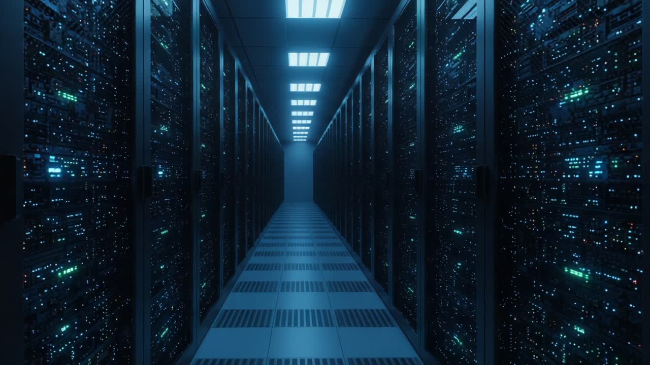 A Dimly Lit Data Center Corridor Featuring Rows of High-Tech Server Racks Illuminated by Blue LED Lights, Creating a Futuristic Atmosphere