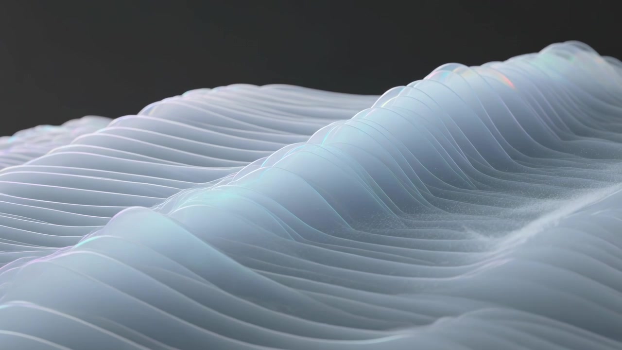 Waving milky surface shifting ridge crest right after light shift in dark studio with sheen edges