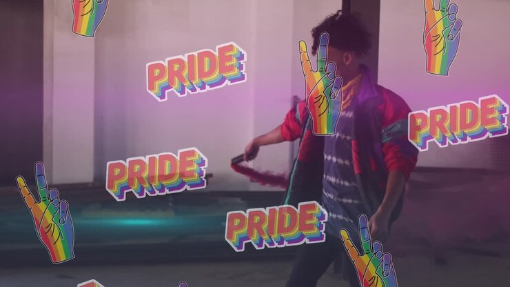 Animation of pride and rainbow hands over african american male protester with smoke