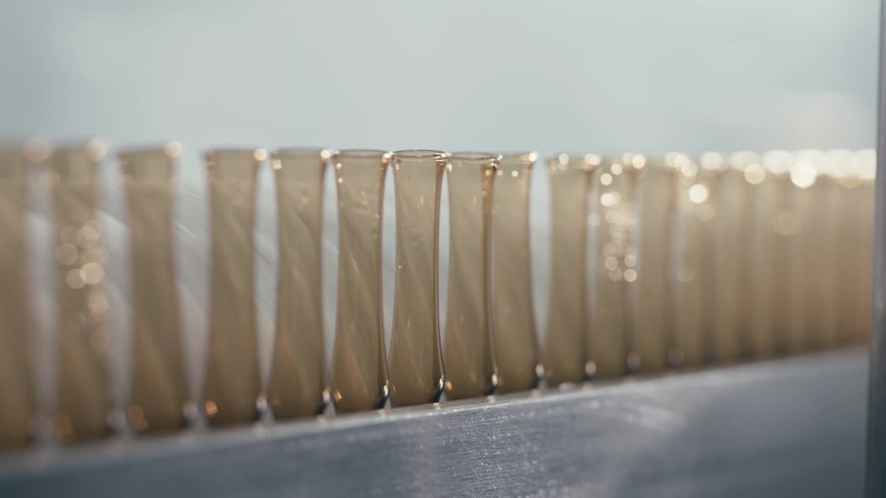 Sterilization of bottles containing chemical liquids with water spray on a conveyor machine in a modern pharmaceutical manufacturing factory