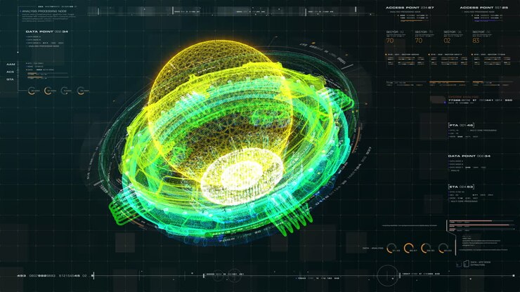 Futuristisk brugergrænseflade, head-up display. Holografisk elektromagnetisk motor med gravitationelle felter, energipartikler og bølger samt digital telemetri-information.