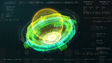 interfaz de usuario futurista pantalla frontal motor electromagnético holográfico con campos gravitacionales energía partículas onda e información de telemetría de datos digitales