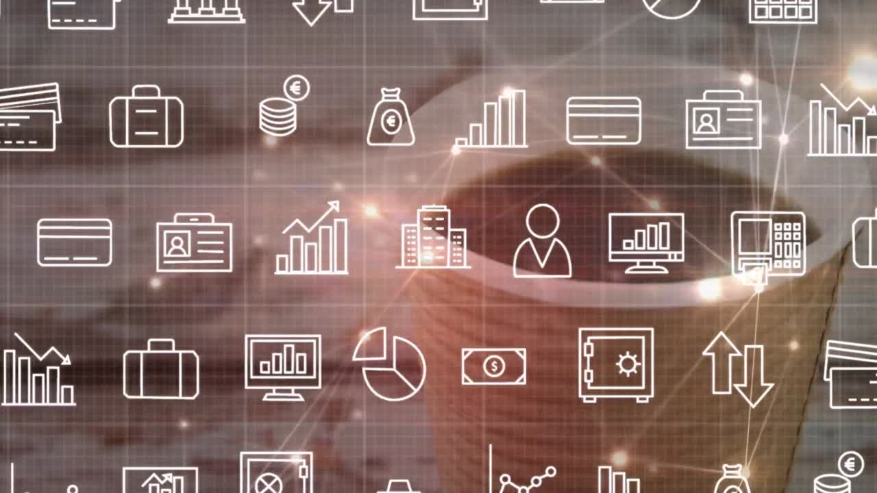 animación de iconos en todo el mundo con red de conexiones y café