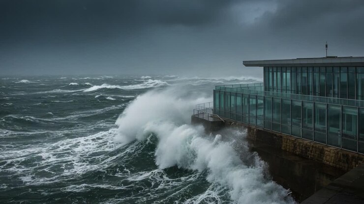 Une tempête dramatique se déchaîne en bord de mer, capturant la puissance de la nature alors que les vagues s'écrasent contre le littoral et que des nuages sombres s'amoncellent au-dessus