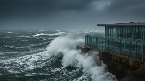 a dramatic storm unfolds at the seaside, capturing the power of nature as waves crash against the coastline and dark clouds gather overhead