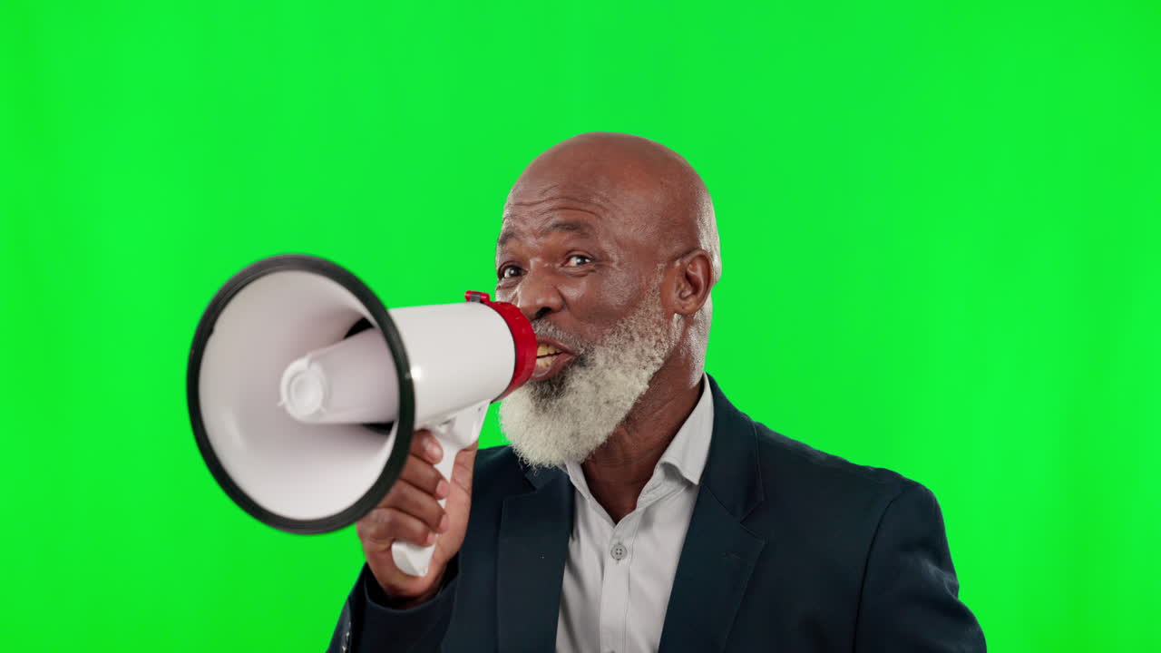 Black man, megaphone and green screen