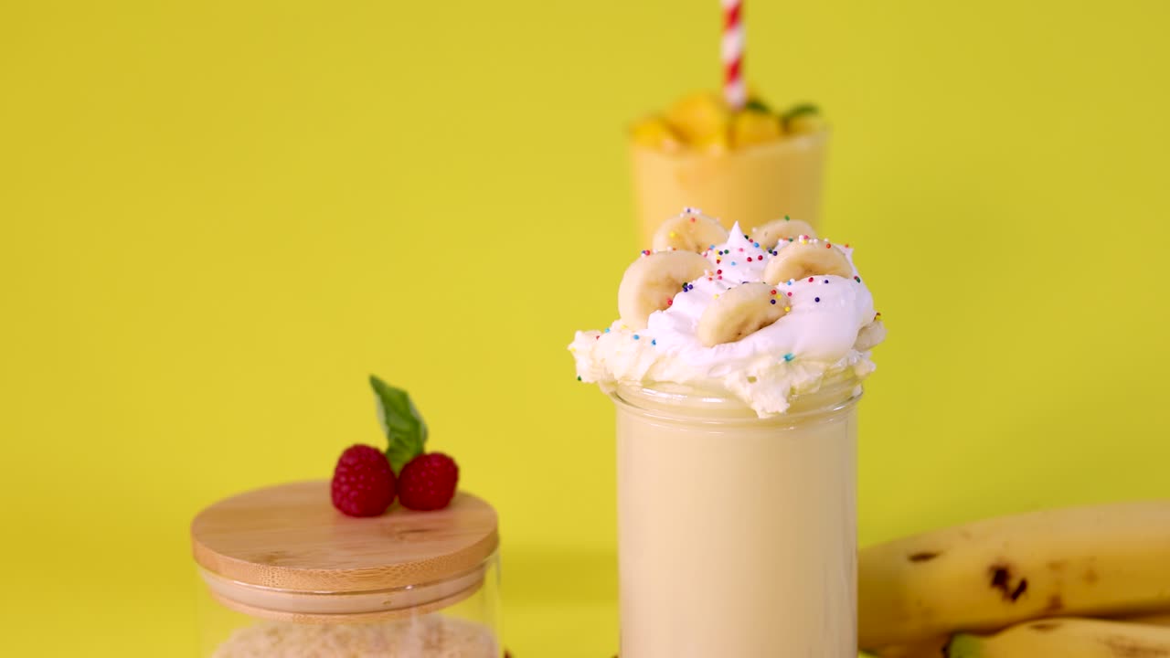 Hand places striped straw into banana milkshake topped with whipped cream, banana slices, sprinkles