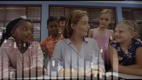 animation of financial data processing diverse students with female teacher in classroom