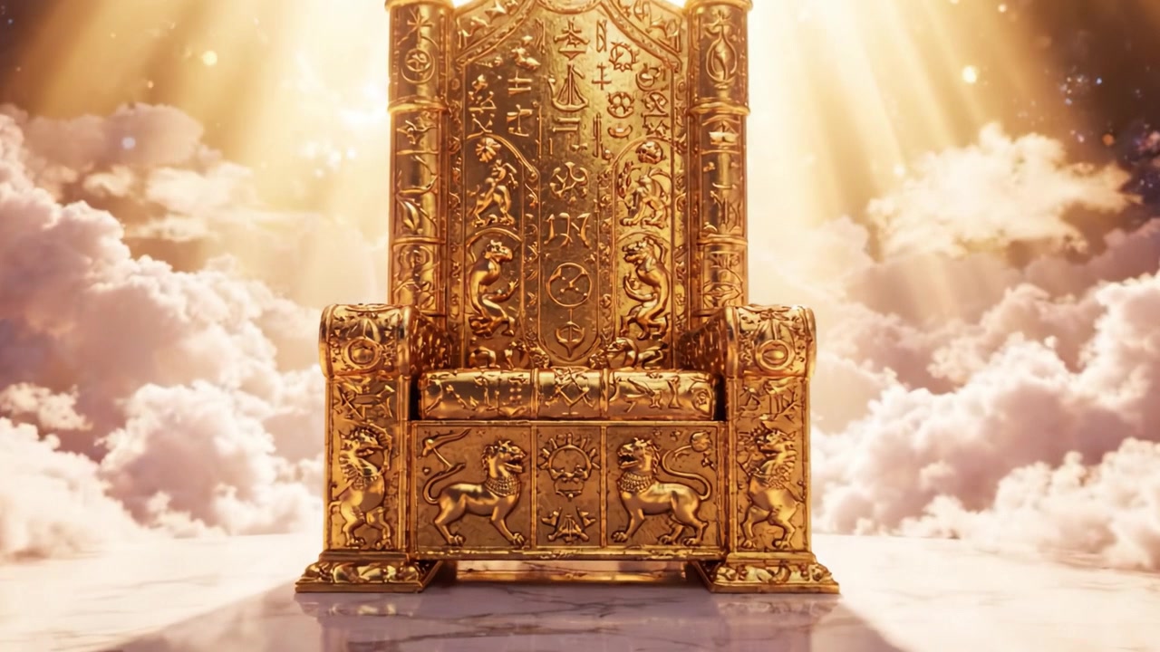 Un maestoso trono dorato circondato da nuvole eteree e luce radiosa, che simboleggia potere e autorità divina in un regno celeste.