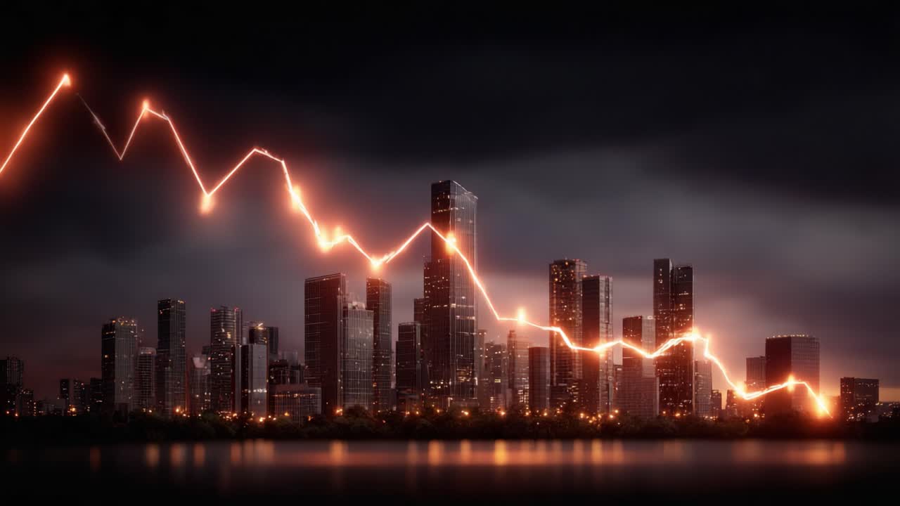 A Dramatic Visualization of Urban Financial Trends: Infographic Line Graph Overlaid on a Nighttime Cityscape, Capturing Fluctuating Market Dynamics and Economic Patterns