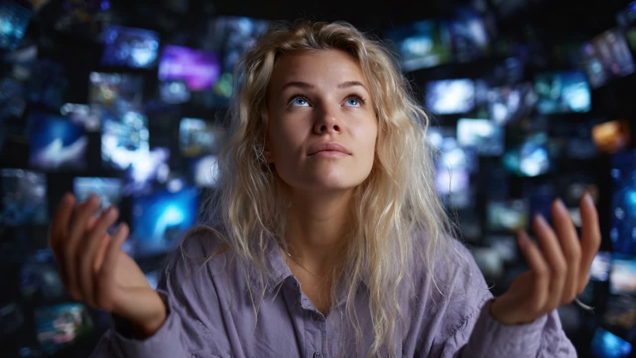 A contemplative young woman with tousled blonde hair gazes upwards amidst a vibrant digital backdrop filled with mesmerizing images, showcasing her connection to visual creativity and exploration