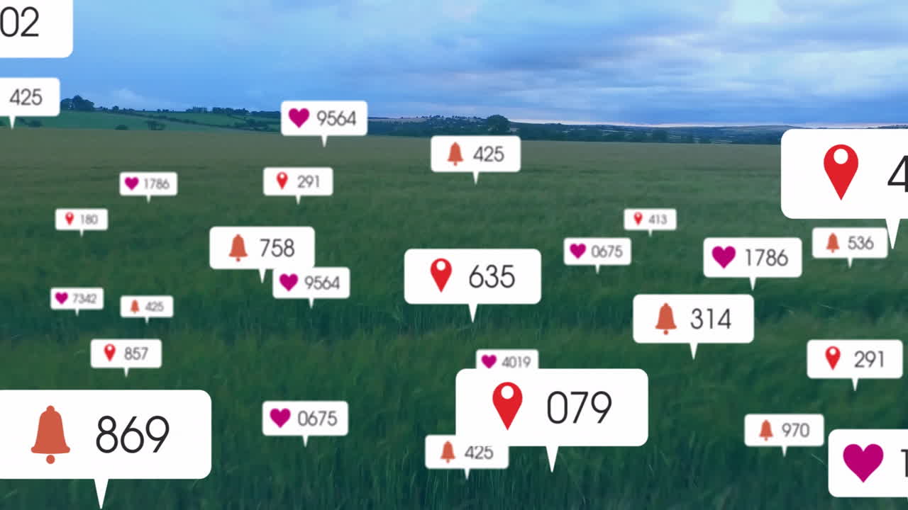 Social media notifications being animated over farmland, with floating heart, pin, bell icon counts