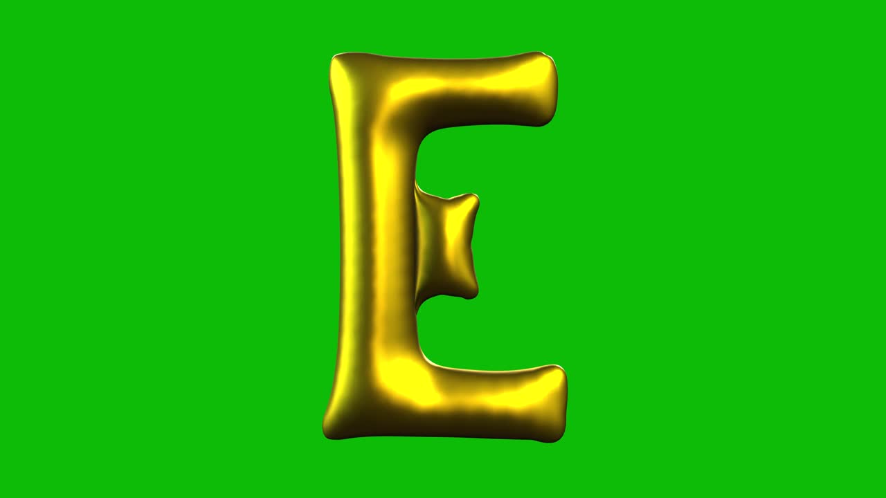 Gold Foil balloon letter E inflates, spins, and reveals on green screen in 3D animation. Ideal for celebrations, parties, birthdays, and video editing projects