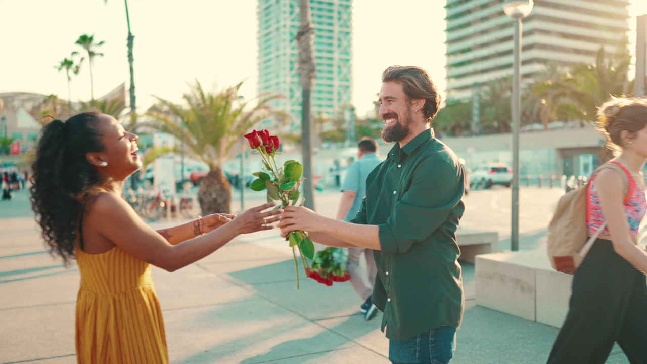 Couple Embracing with Roses in an Urban Setting
