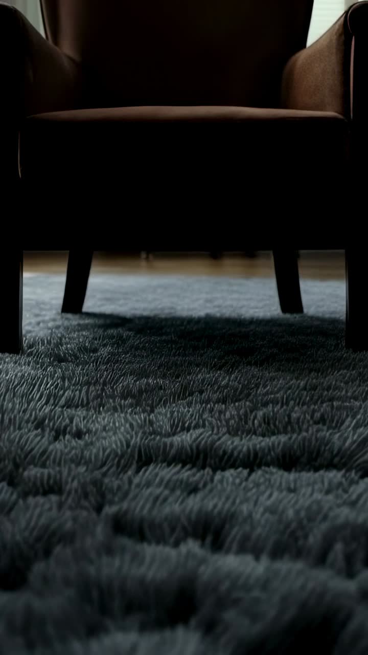 Video verticale: la camera si allontana mostrando un tappeto scuro e una sedia marrone che inquadrano il salotto di casa