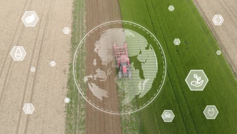 agricultural tractor on farm field with sustainable smart farming technology infographics