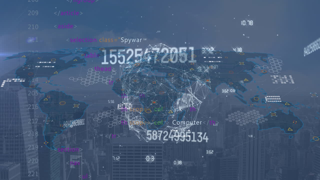 세계 지도와 도시 풍경에 대한 금융 데이터 처리의 애니메이션