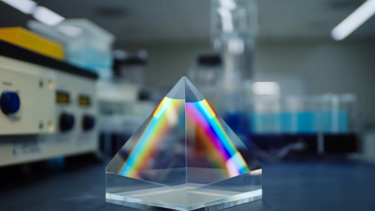 A small triangular prism on a metal workbench casts a vivid rainbow spectrum across the surface, with blurred scientific equipment and glass containers in the