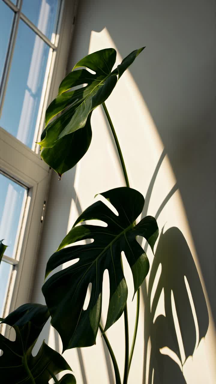 Concept video estetico di luce solare che proietta ombre di foglie di monstera su una parete