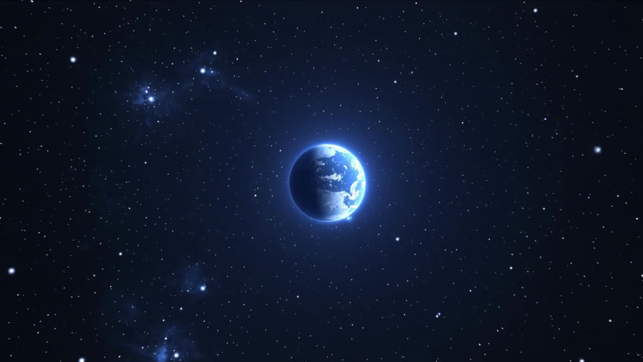 Allontanamento con lo zoom: il pianeta blu Terra si riduce a una falce distante nello spazio, rivelando ammassi di nebulose.