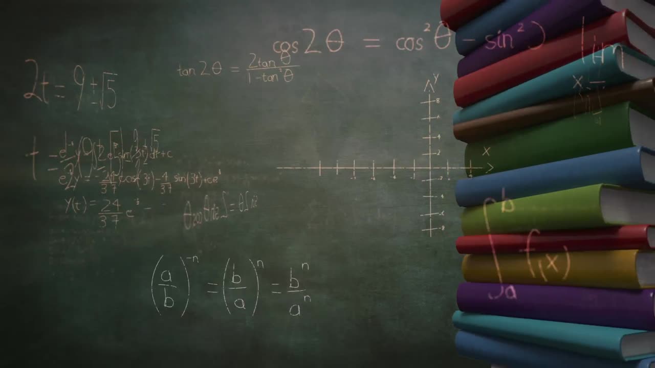 animación de ecuaciones matemáticas sobre una pila de libros
