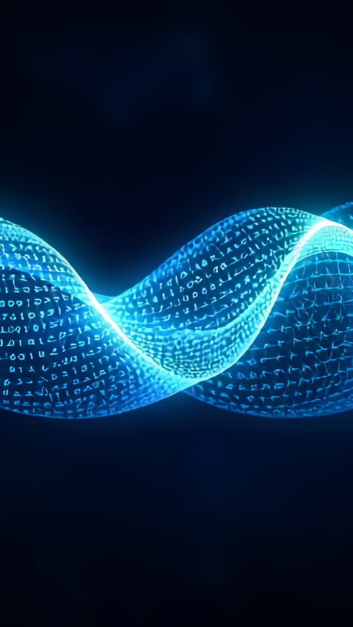 Vertical video: Appearing glowing ribbon of binary digits twisting in ...