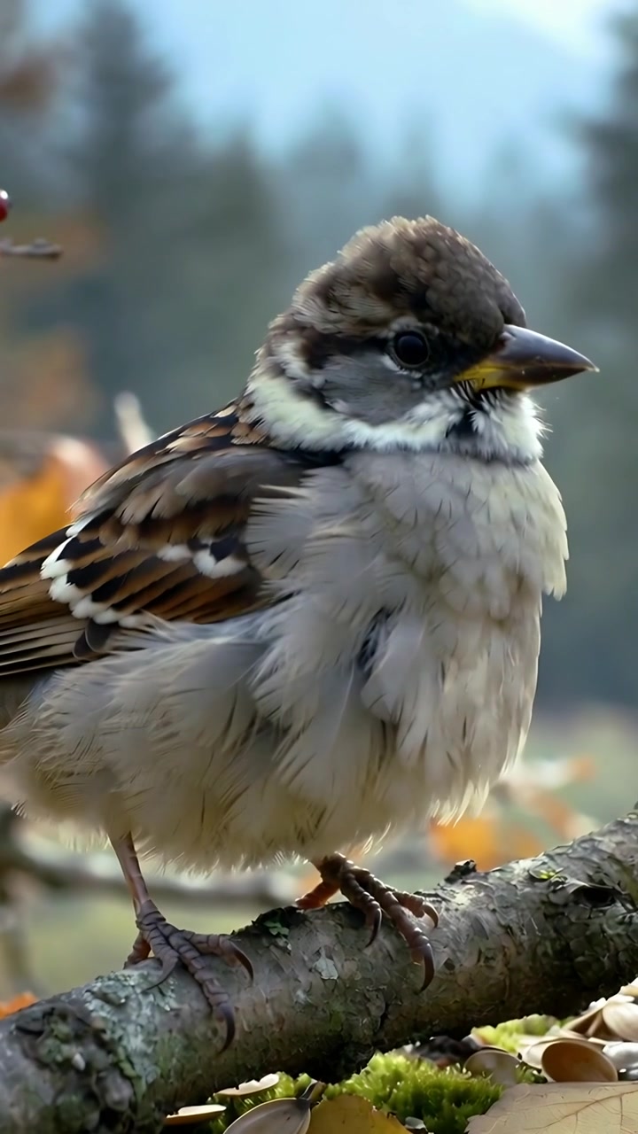 Video verticale: Uccello canoro marrone ripreso mentre gira la testa e becca semi al margine del bosco, sul lichene