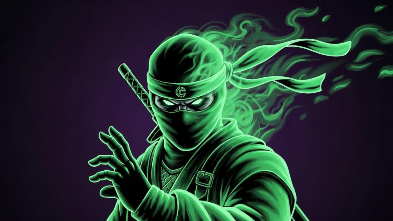 A Mysterious Green Ninja Shrouded in Ethereal Smoke, Ready for Action, Captured in Two Frames Emphasizing Stealth and Supernatural Energy