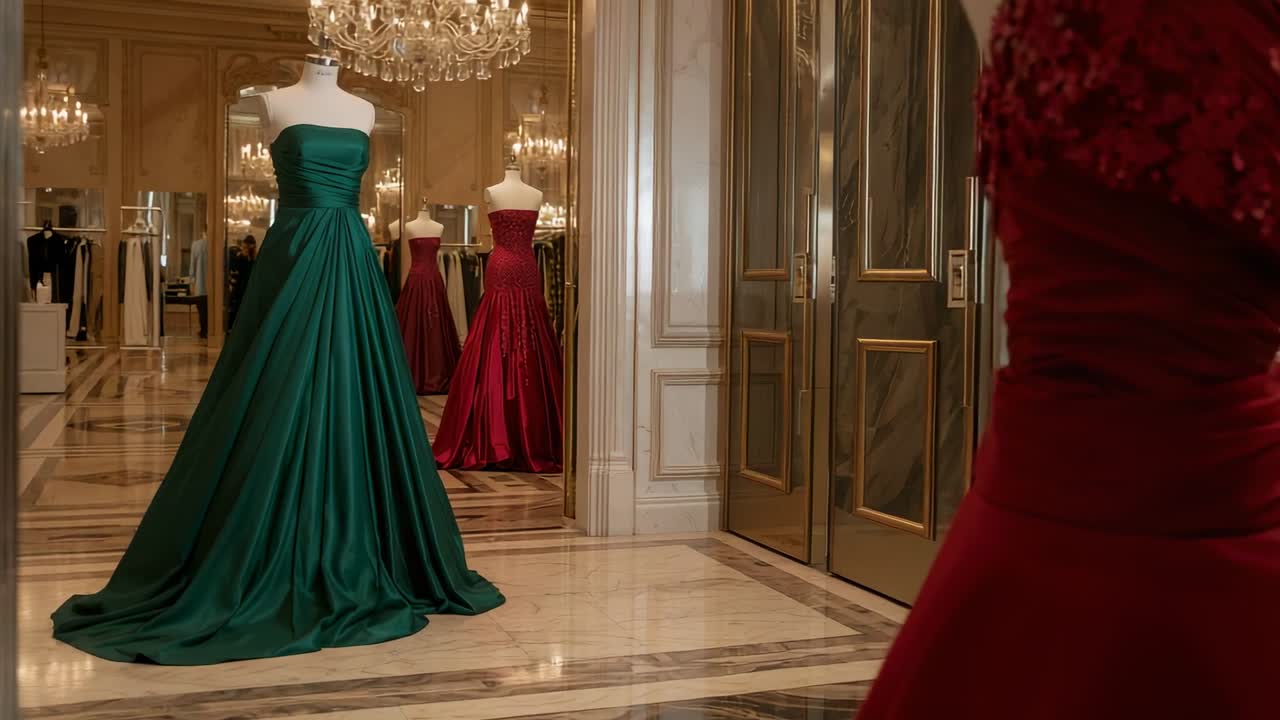 Telecamera che scorre attraverso un salone di lusso, mettendo in mostra un abito color smeraldo mentre un abito rosso entra nell'inquadratura.