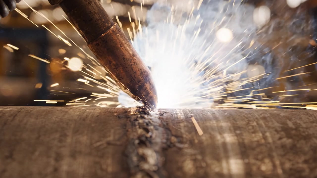 Close-Up of Welding Torch Creating Sparks and Seam in Metal Pipe Work, Showcasing Industrial Fabrication Processes Amidst Blurred Workshop Background