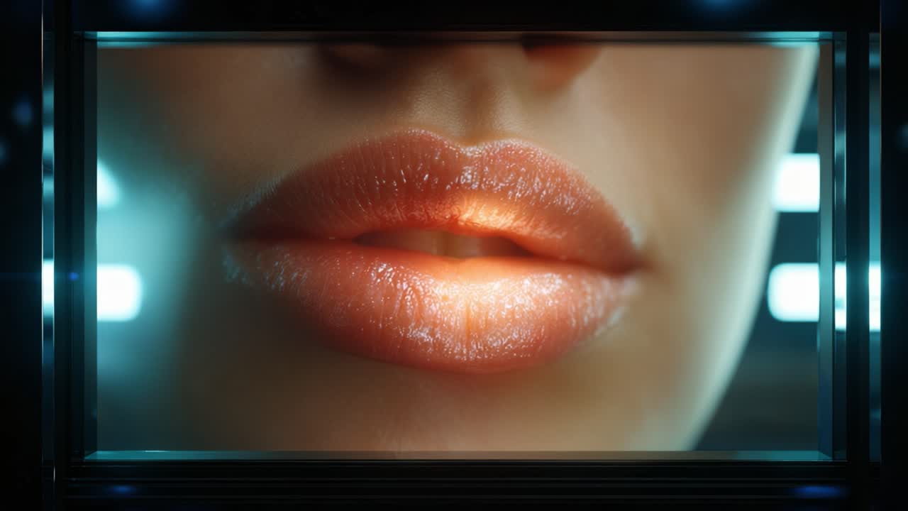 Primo piano di labbra lucide illuminate da luce soffusa in un ambiente moderno e futuristico con un design elegante che evidenzia caratteristiche sensuali e una texture ricca.