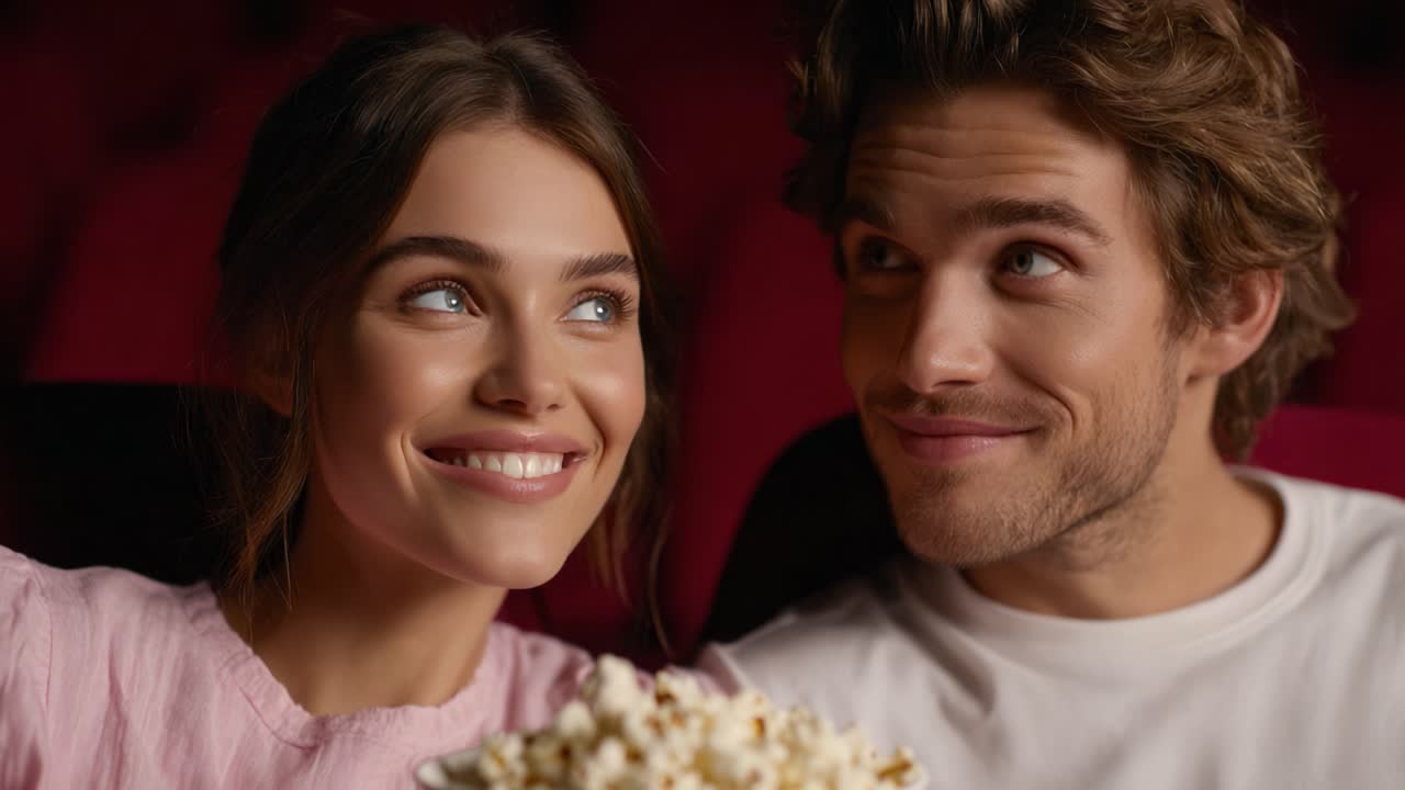 Joyous Moment: A Couple Enjoying Each Other's Company with Popcorn in a Movie Theater, Sharing Laughter and Smiles in a Cozy Atmosphere