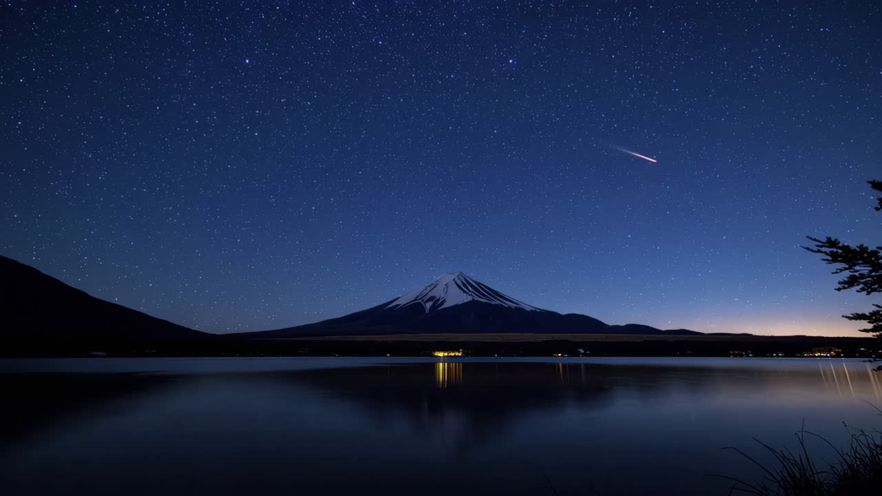 Stunning Night View of Mount Fuji with a Comet Reflected in Lake