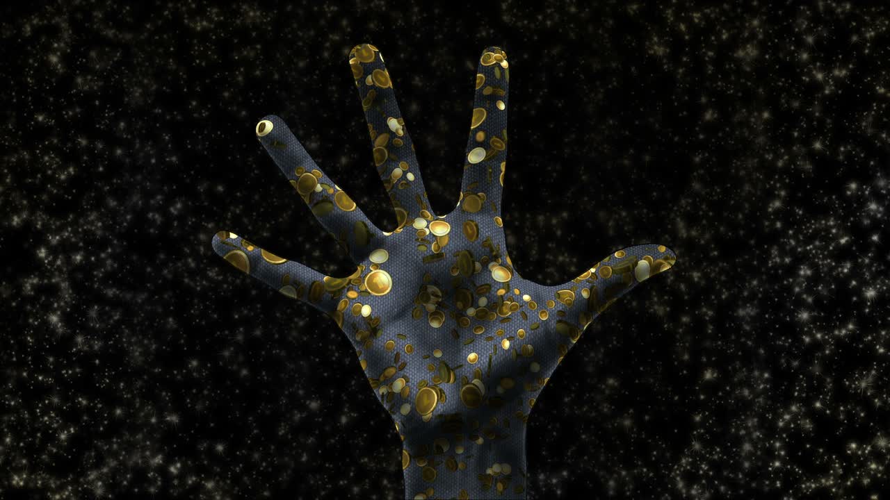 - monedas de oro de mano. 4k. proyección de dinero cayendo en una palma de la mano 3d.