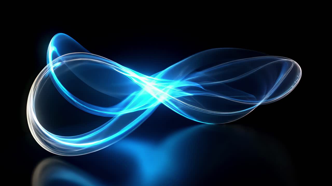 Dynamic abstract video concept with swirling blue light trails on a black background