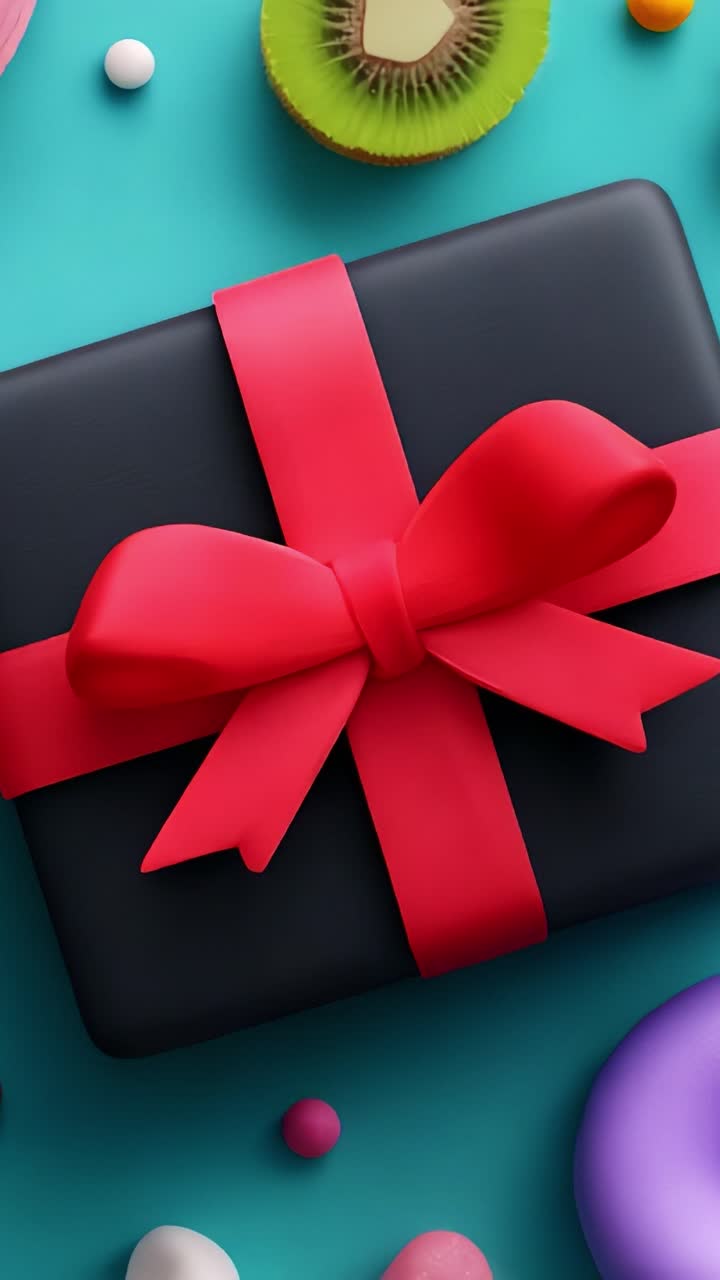 A beautifully wrapped gift box with a vibrant red bow sits on a bright turquoise background surrounded by colorful candies and fruits, creating a festive and cheerful atmosphere suitable for celebrations