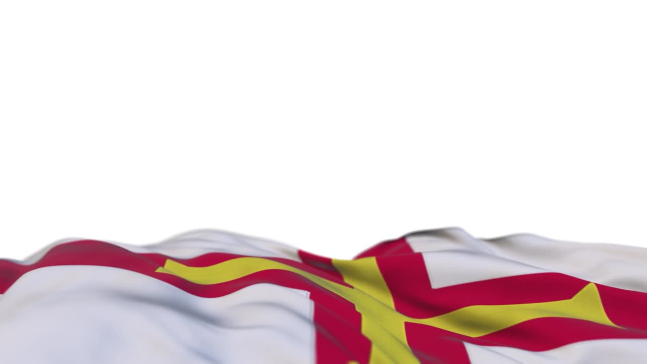 bandera de tela de guernsey ondeando en el bucle del viento. bordado gerniano estampado bandera de tela balanceándose en la brisa. fondo blanco medio lleno. lugar para el texto. bucle de 20 segundos.