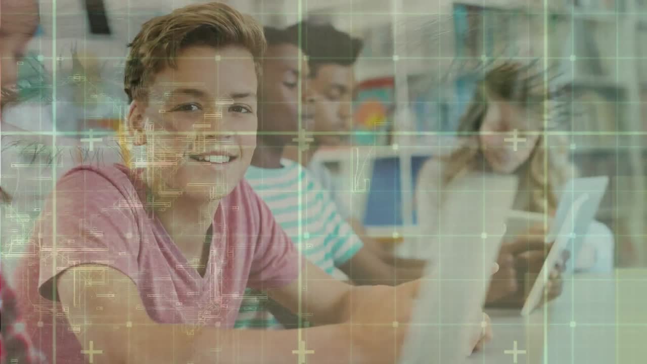 animación de ojos sobre diversos estudiantes que usan tabletas.