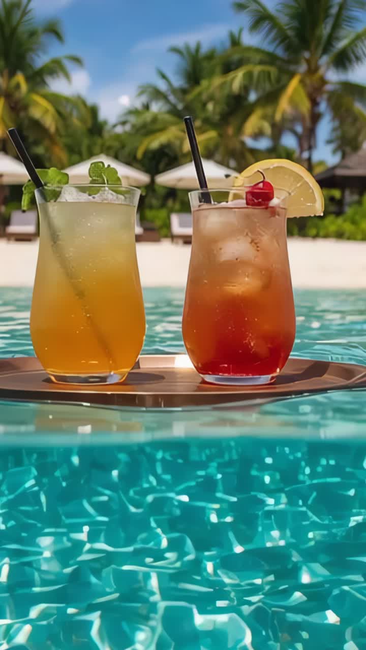 Vertical video: Floating tray with two cocktails across resort pool by current, delivering drinks