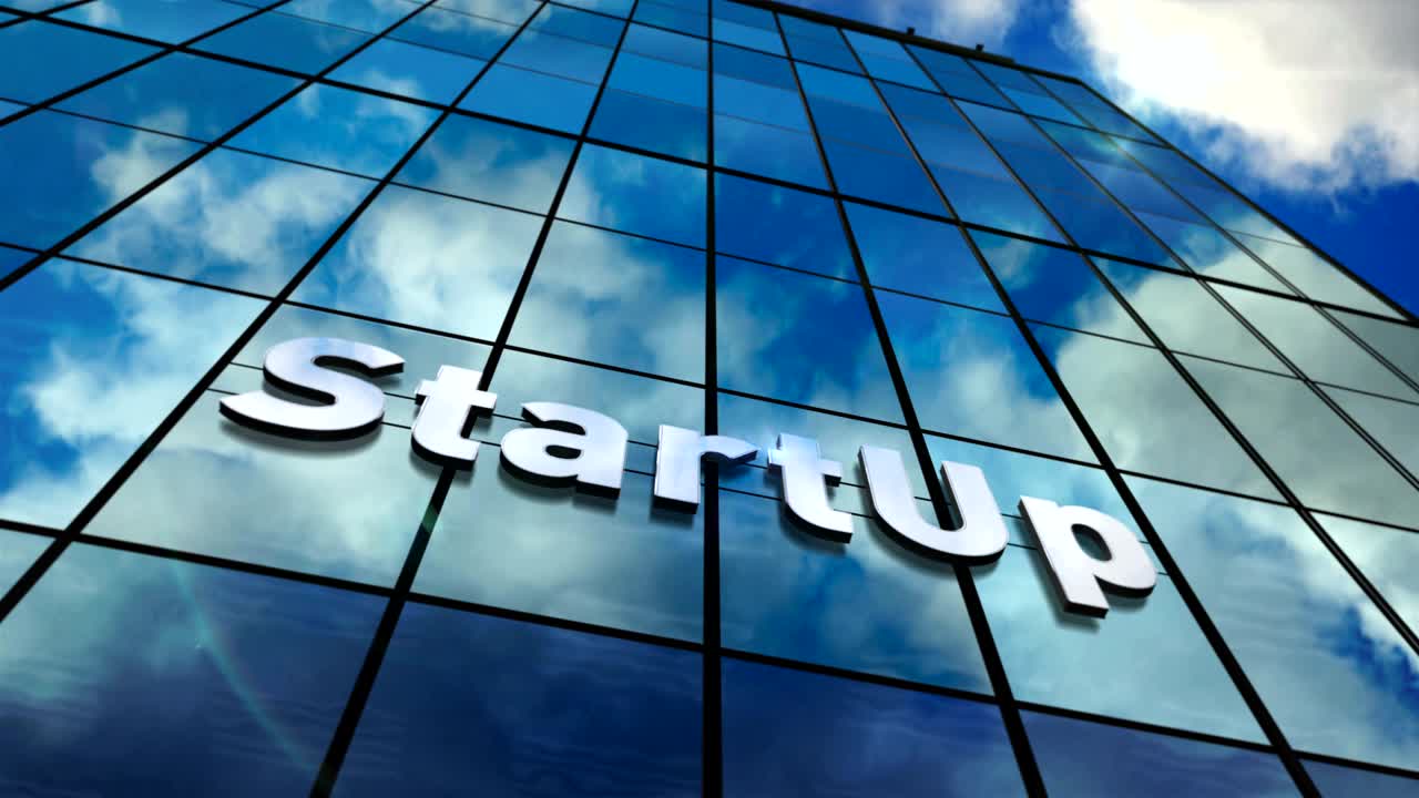 Startup glass skyscraper with mirrored sky loop animation