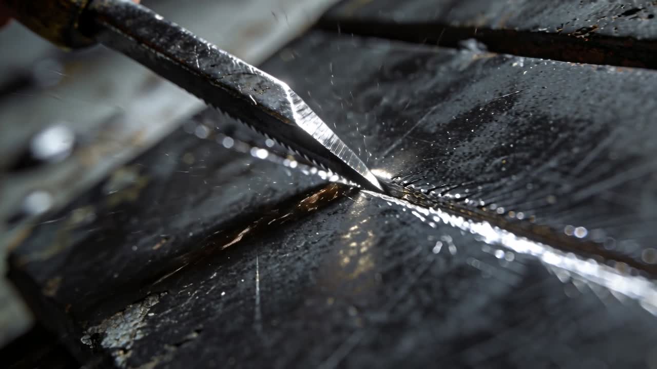 Le contact d'une pointe métallique coupe un joint sur une plaque d'établi, formant une piste fondue et projetant des copeaux.