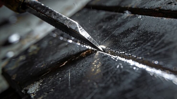 Contacting metal tip cutting seam on workbench plate, making molten track and throwing shavings