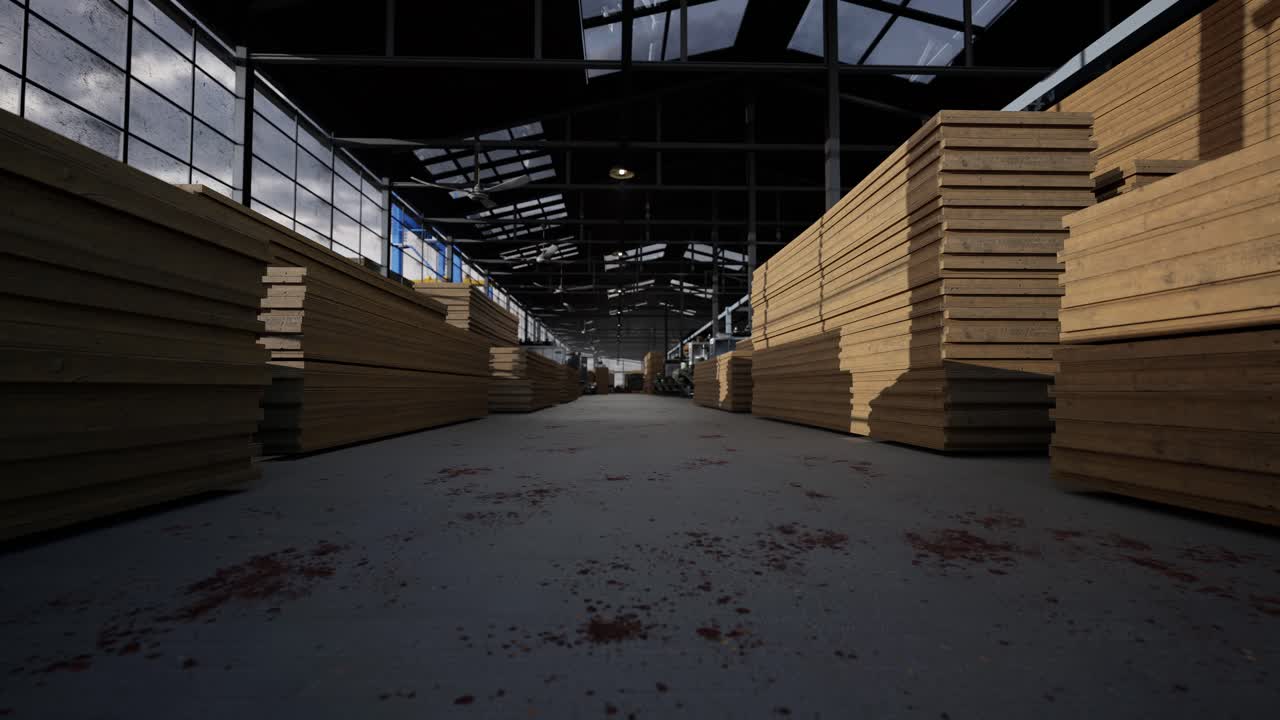 Pile di assi di legno in un grande magazzino industriale