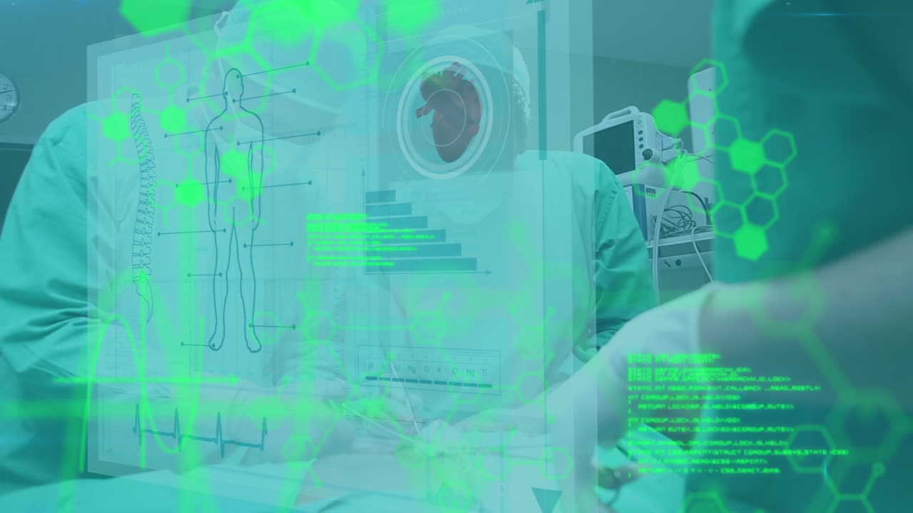 수술실에서 일하는 외과 의사들에 대한 의료 정보와 데이터 처리의 애니메이션